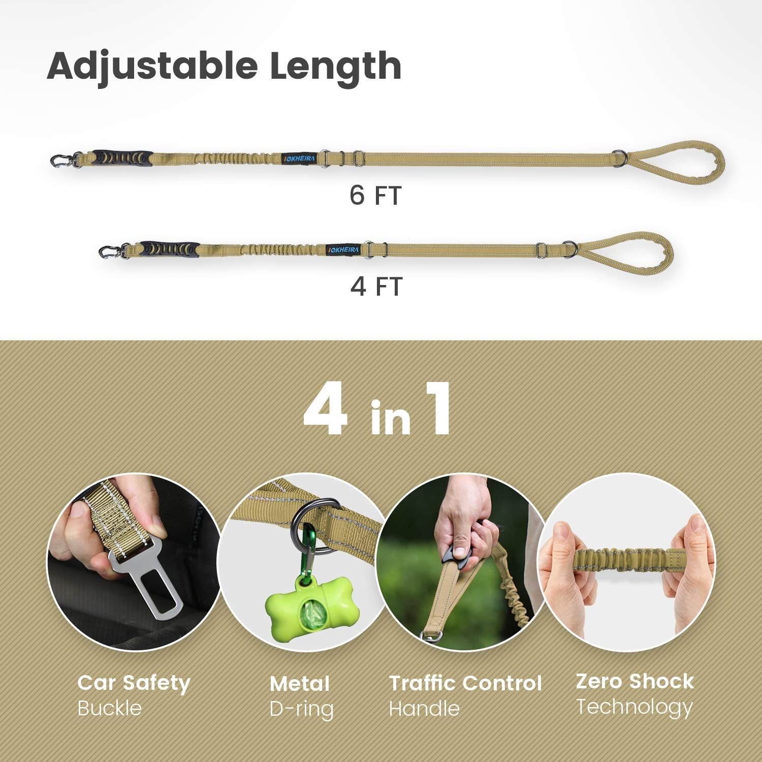 Multifunctional Dog Leash - 4-6 FT Strong Bungee, Car Seatbelt Compatible, Army Green