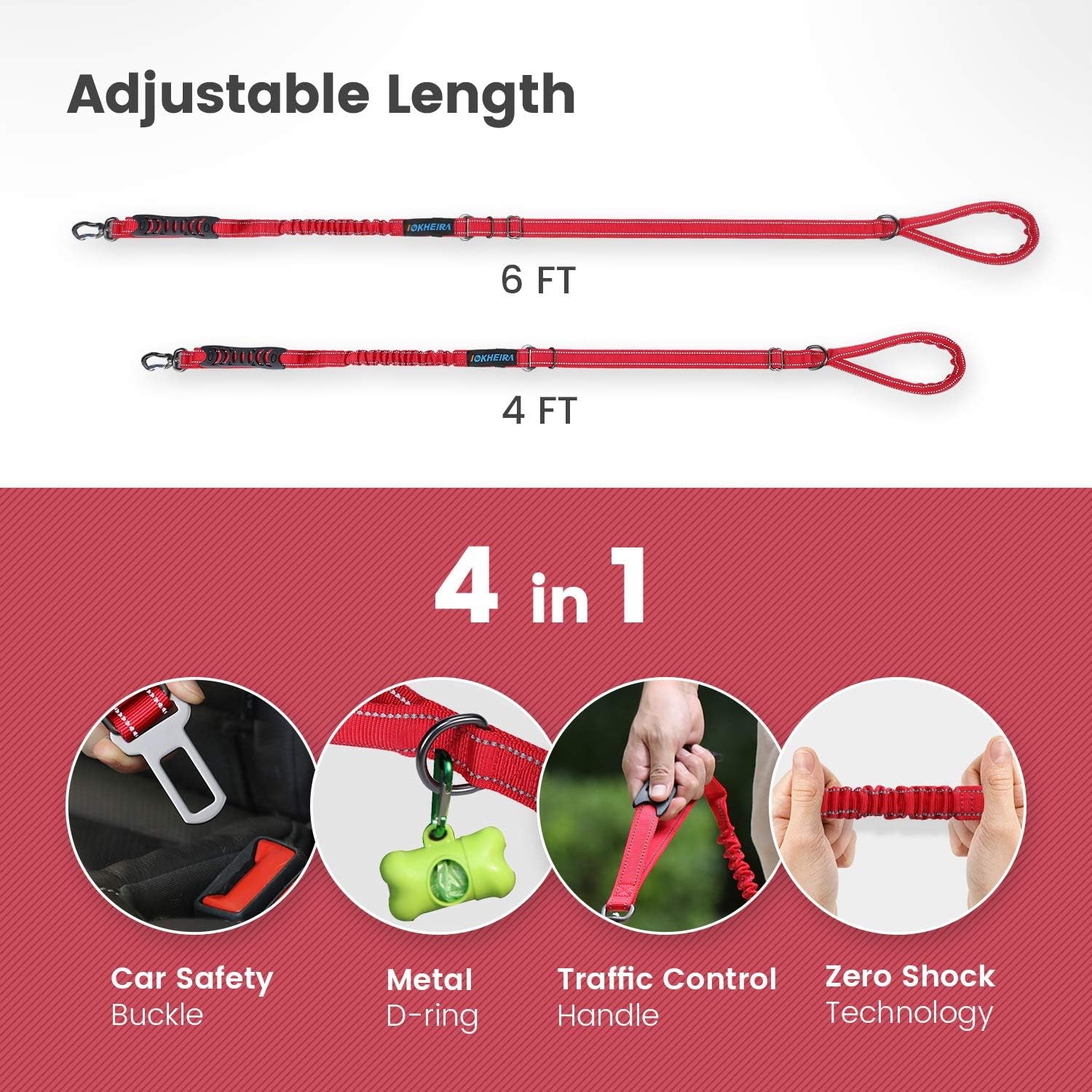 Multifunctional Dog Leash for Medium & Large Dogs - Red Adjustable with Car Seatbelt, 4-6 FT Strong Bungee
