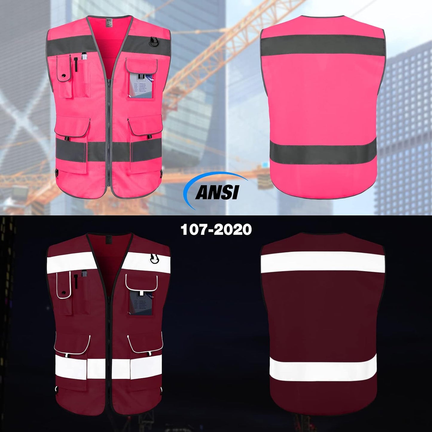 Pink Safety Vest for Men Women 9 Pockets High Visibility Reflective Vest for Safety, Work Vest with Reflective Strips, Meets ANSI/ISEA Standards, Large