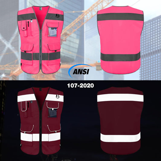 Pink Safety Vest for Men Women 9 Pockets High Visibility Reflective Vest for Safety, Work Vest with Reflective Strips, Meets ANSI/ISEA Standards, Large