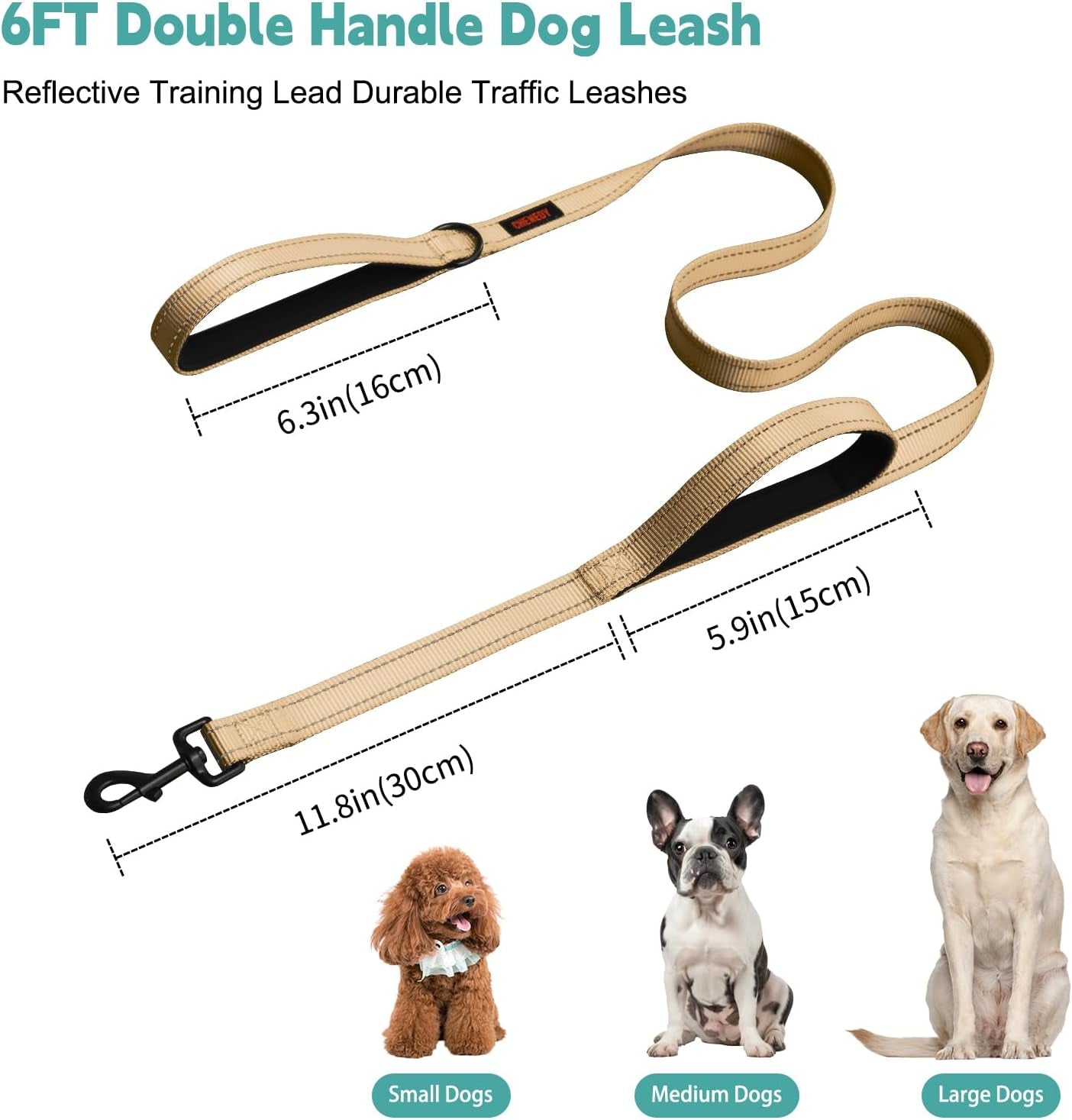 Dog Leash, Heavy Duty Dog Leash, Leashes for Large Breed Dogs, Double Handle Dog Leash, Reflective Training Lead, Perfect for Medium to Large Dogs(5Ft, Khaki)