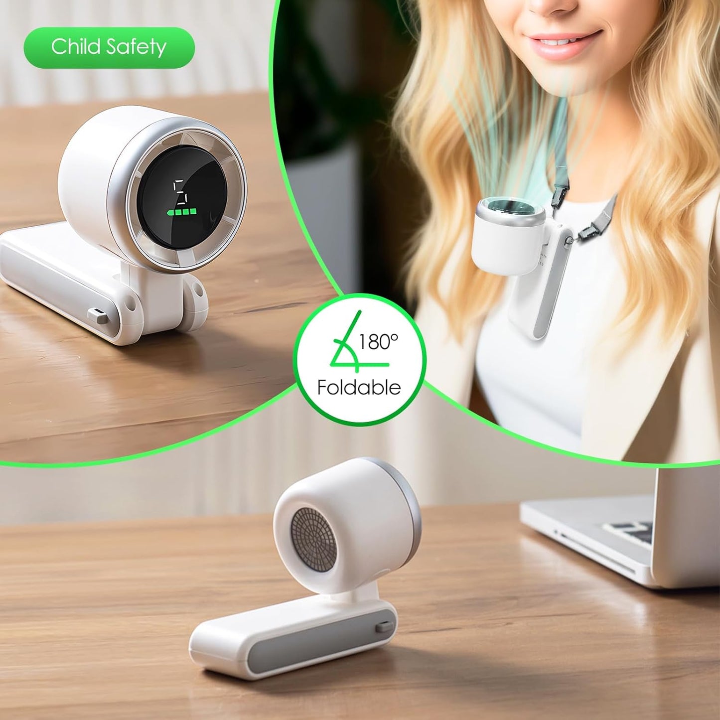 Portable Handheld Mini Turbo Fan, USB Rechargeable Travel Neck Fan with 5 Speeds, 3600Mah Battery & 15000RPM Speed, up to 12 Working Hours, 3 in 1 Foldable Personal Cooling Fan for Travel/Home/Office