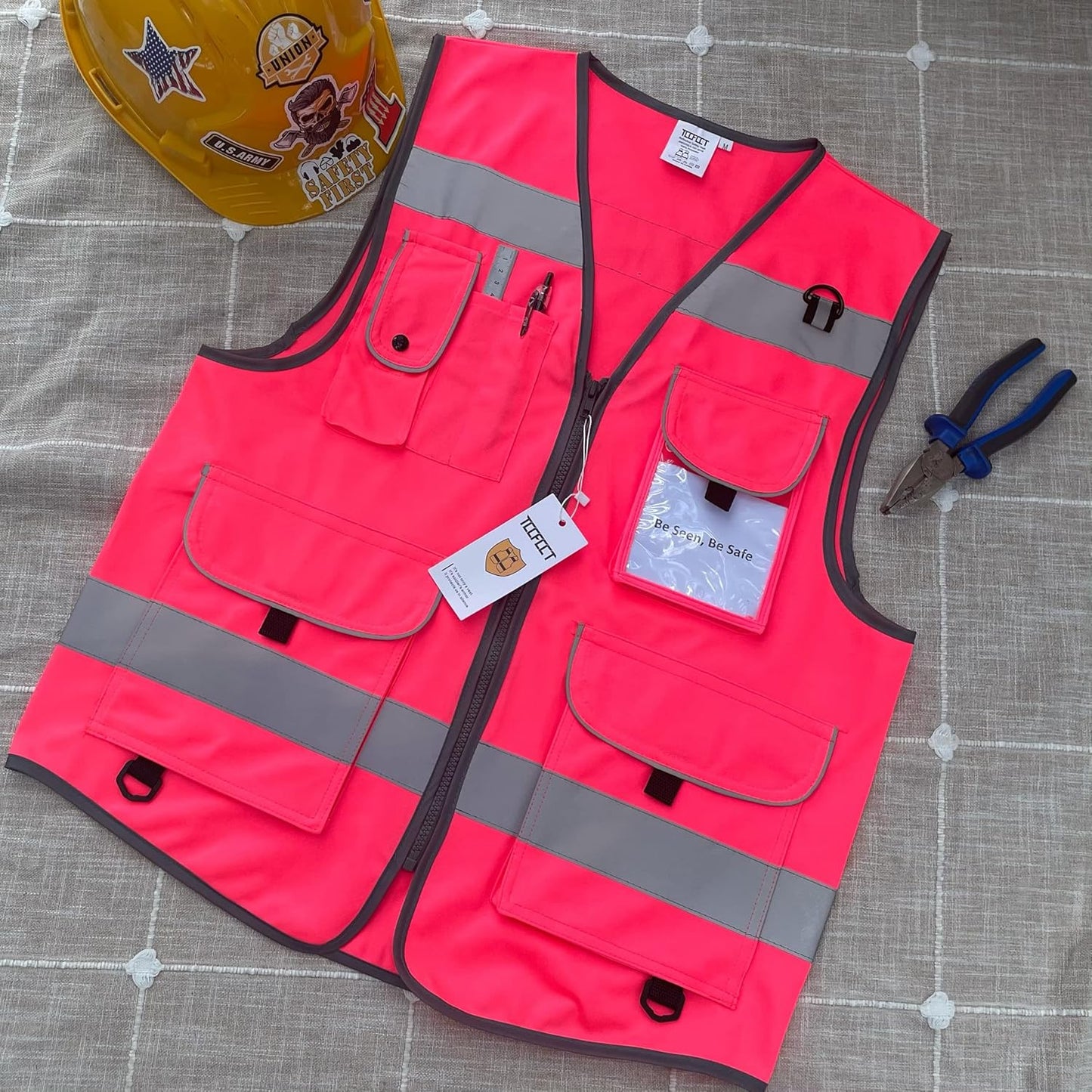 Pink Safety Vest for Men Women 9 Pockets High Visibility Reflective Vest for Safety, Work Vest with Reflective Strips, Meets ANSI/ISEA Standards, Large
