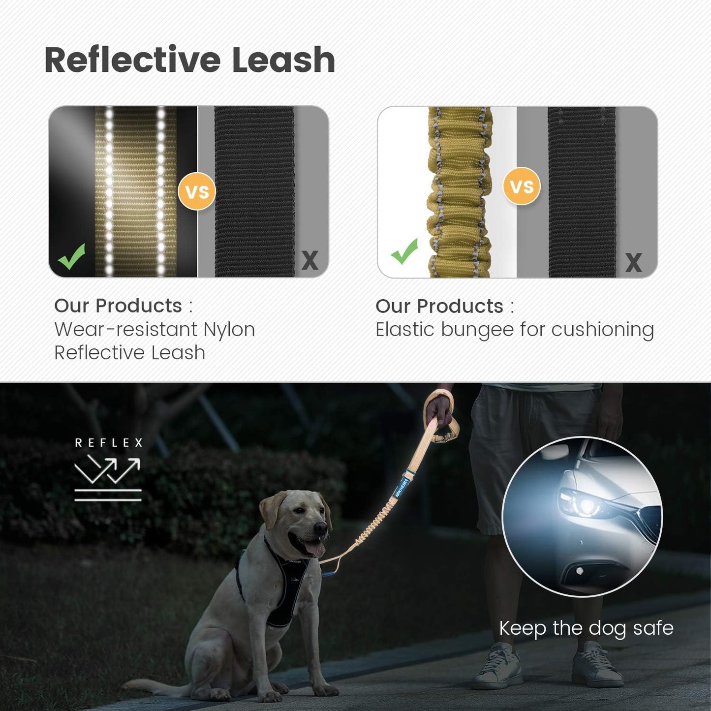 Multifunctional Dog Leash - 4-6 FT Strong Bungee, Car Seatbelt Compatible, Army Green