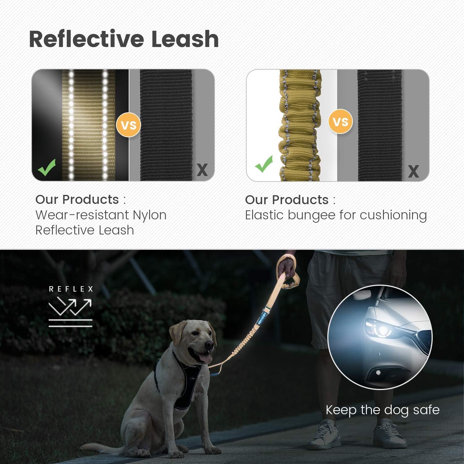 Multifunctional Dog Leash - 4-6 FT Strong Bungee, Car Seatbelt Compatible, Army Green