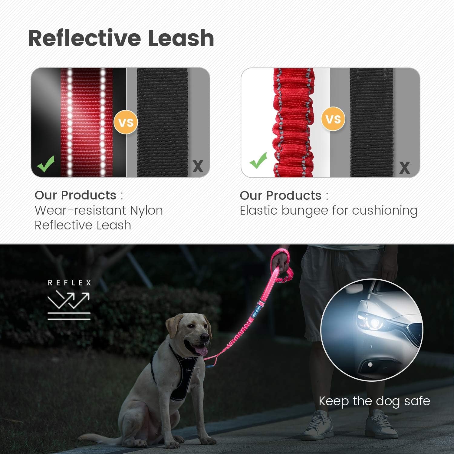 Multifunctional Dog Leash for Medium & Large Dogs - Red Adjustable with Car Seatbelt, 4-6 FT Strong Bungee