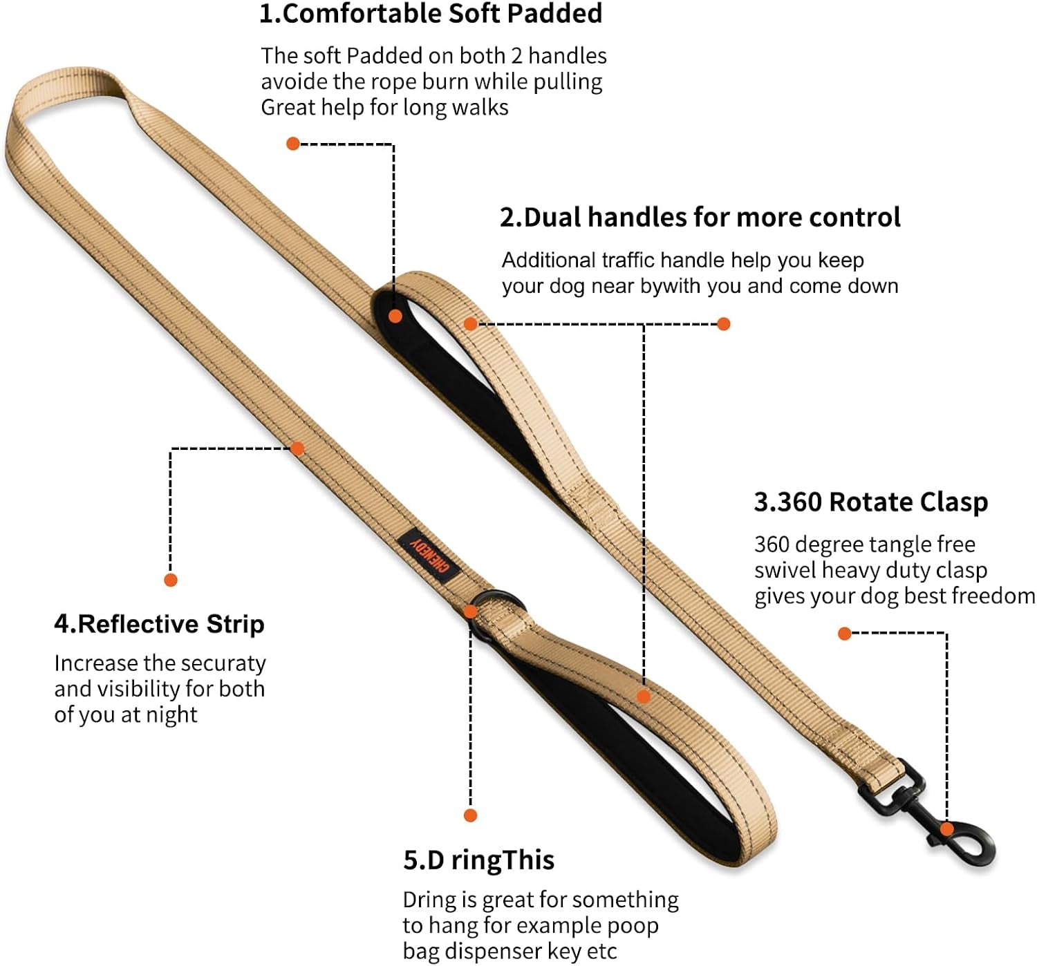 Dog Leash, Heavy Duty Dog Leash, Leashes for Large Breed Dogs, Double Handle Dog Leash, Reflective Training Lead, Perfect for Medium to Large Dogs(5Ft, Khaki)