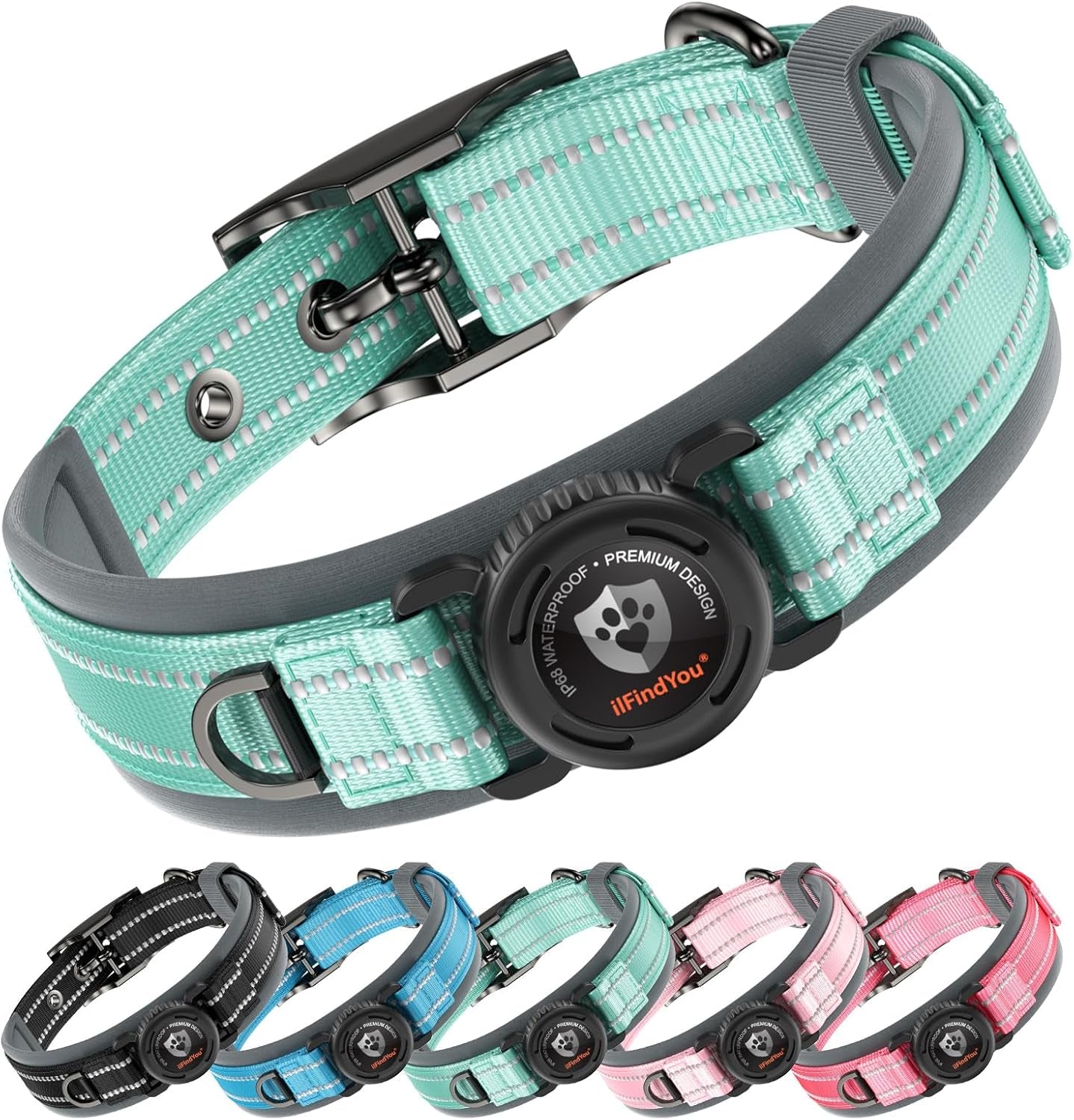 Dog Collar with Airtag Holder for Medium Dogs, Upgraded Waterproof Air Tag Dog Collar Widened Comfortable Padded, Reflective, Ultra-Durable, Heavy Duty Dog Collars Adjustable - M(17" - 19") Cyan