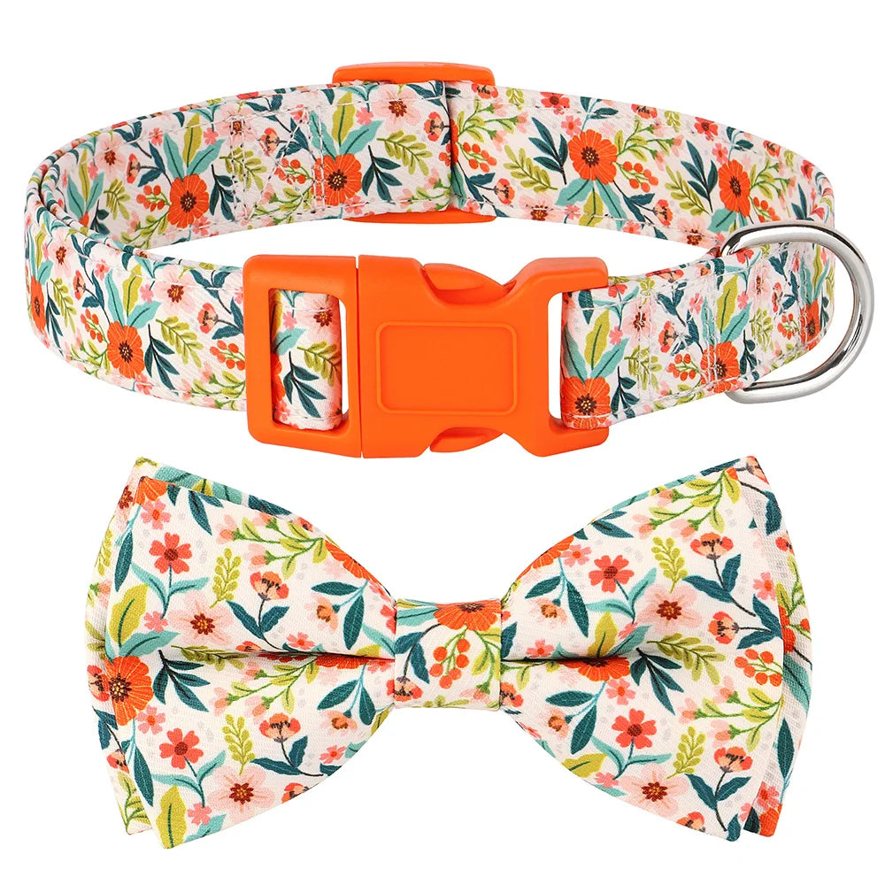 Premium Floral Print Dog Collar | Adjustable Nylon Necklace with Removable Bowknot
