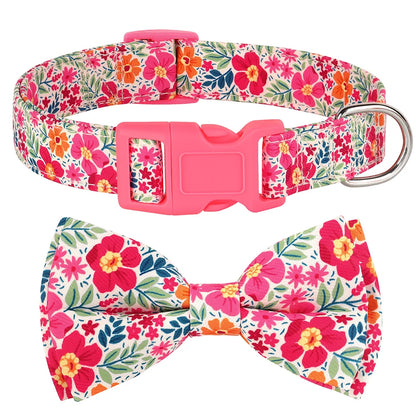 Premium Floral Print Dog Collar | Adjustable Nylon Necklace with Removable Bowknot