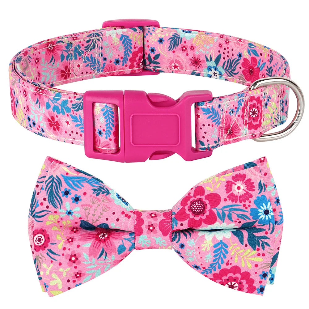 Premium Floral Print Dog Collar | Adjustable Nylon Necklace with Removable Bowknot