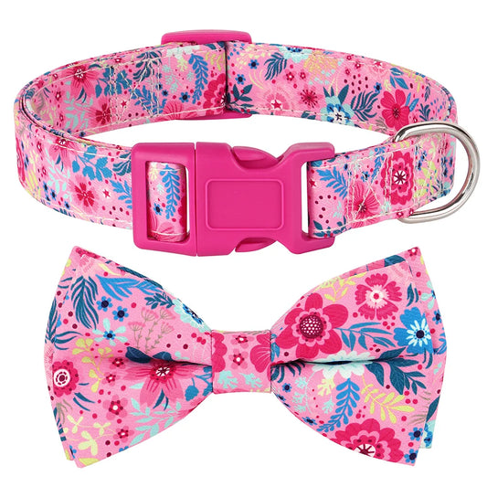 Premium Floral Print Dog Collar | Adjustable Nylon Necklace with Removable Bowknot