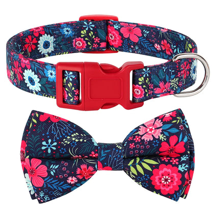 Premium Floral Print Dog Collar | Adjustable Nylon Necklace with Removable Bowknot
