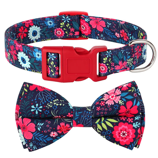 Premium Floral Print Dog Collar | Adjustable Nylon Necklace with Removable Bowknot