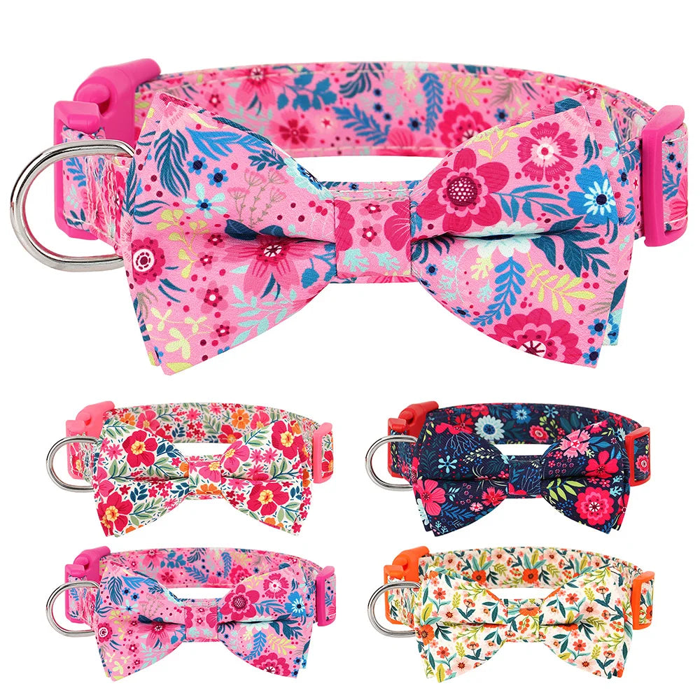 Premium Floral Print Dog Collar | Adjustable Nylon Necklace with Removable Bowknot