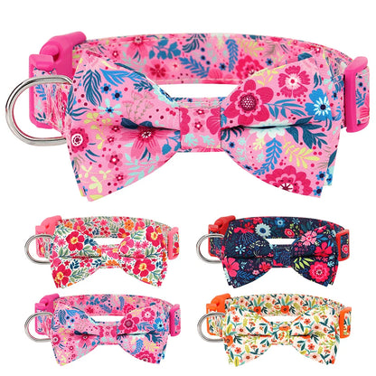 Premium Floral Print Dog Collar | Adjustable Nylon Necklace with Removable Bowknot