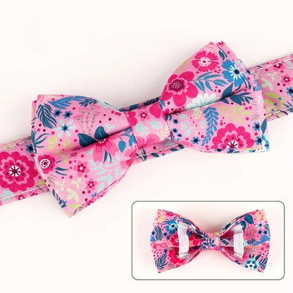 Premium Floral Print Dog Collar | Adjustable Nylon Necklace with Removable Bowknot