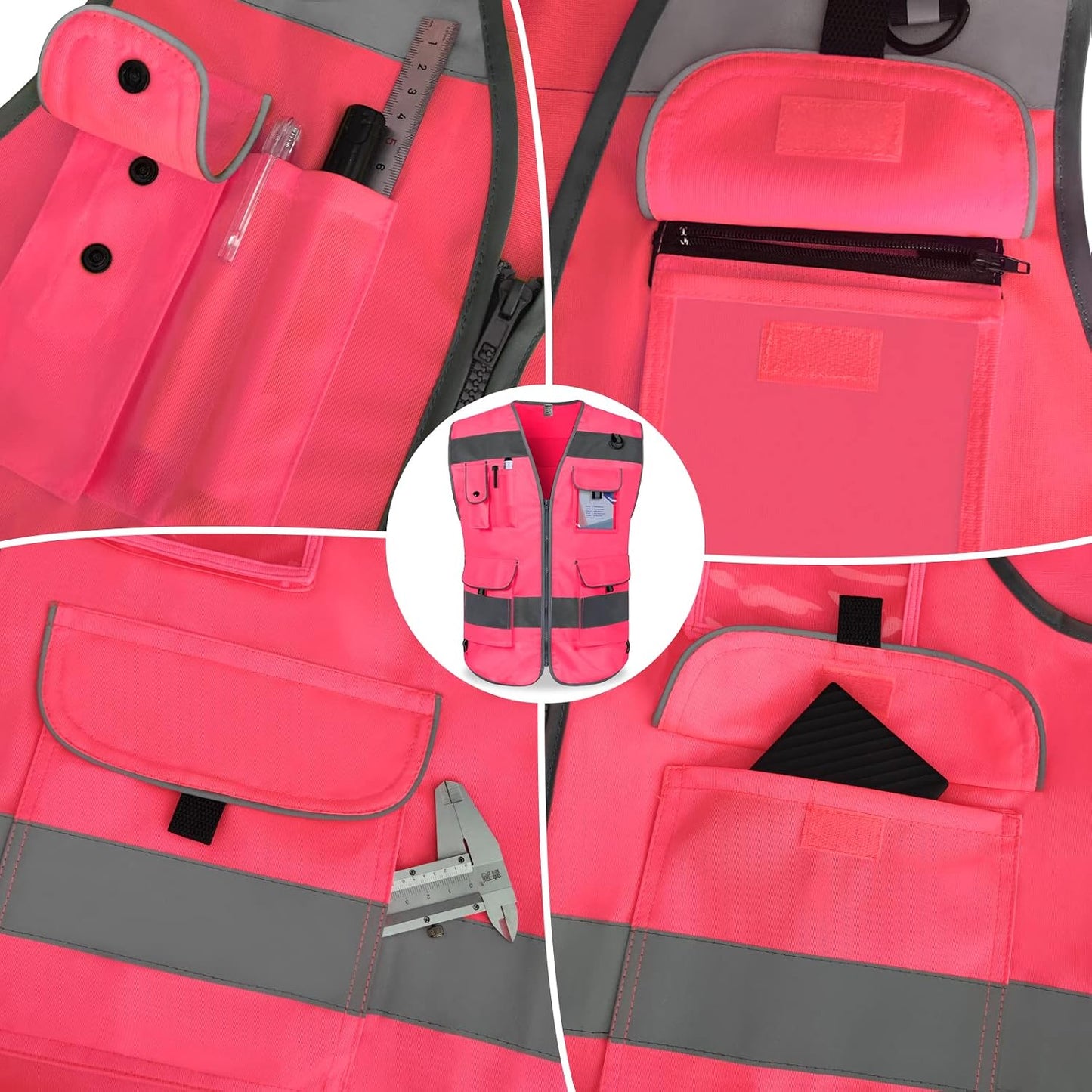 Pink Safety Vest for Men Women 9 Pockets High Visibility Reflective Vest for Safety, Work Vest with Reflective Strips, Meets ANSI/ISEA Standards, Large