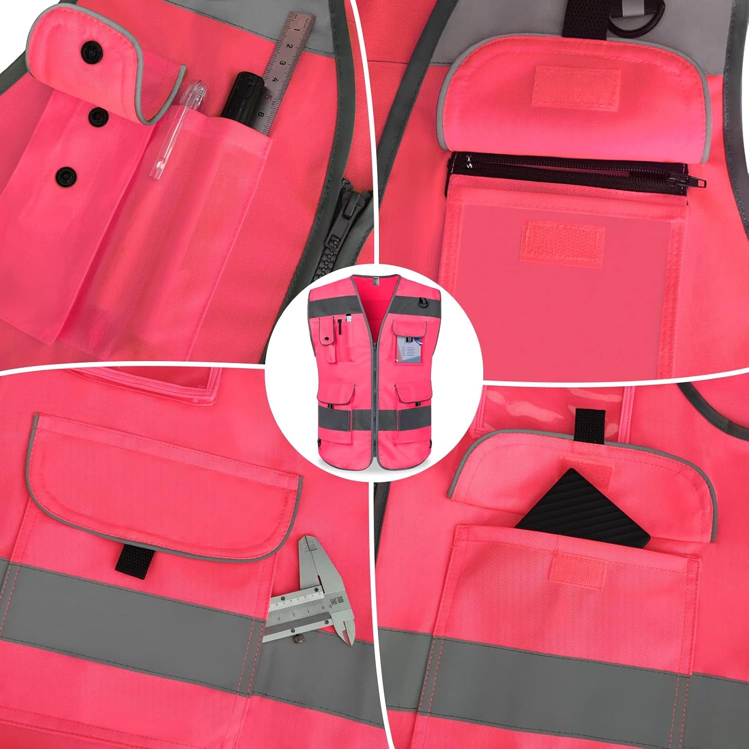 Pink Safety Vest for Men Women 9 Pockets High Visibility Reflective Vest for Safety, Work Vest with Reflective Strips, Meets ANSI/ISEA Standards, Large