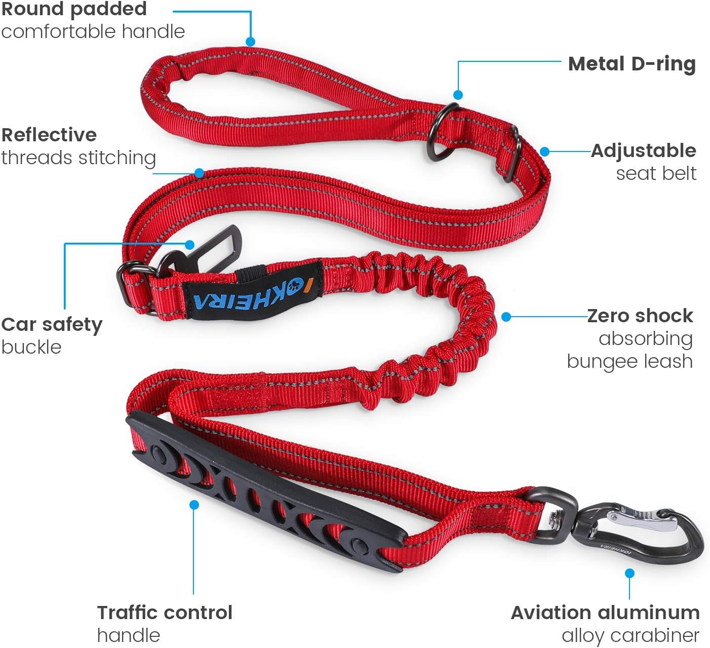 Multifunctional Dog Leash for Medium & Large Dogs - Red Adjustable with Car Seatbelt, 4-6 FT Strong Bungee