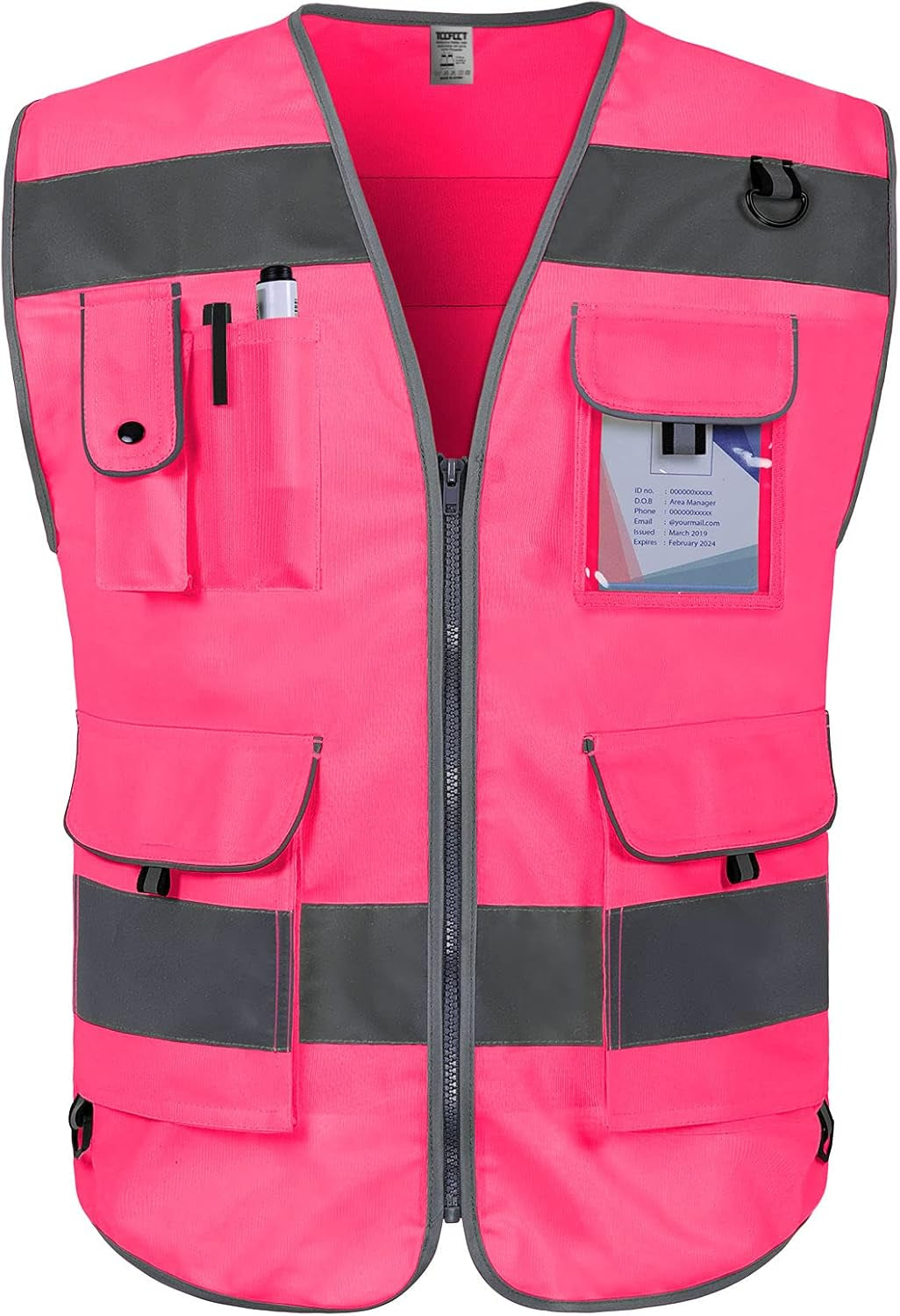 Pink Safety Vest for Men Women 9 Pockets High Visibility Reflective Vest for Safety, Work Vest with Reflective Strips, Meets ANSI/ISEA Standards, Large