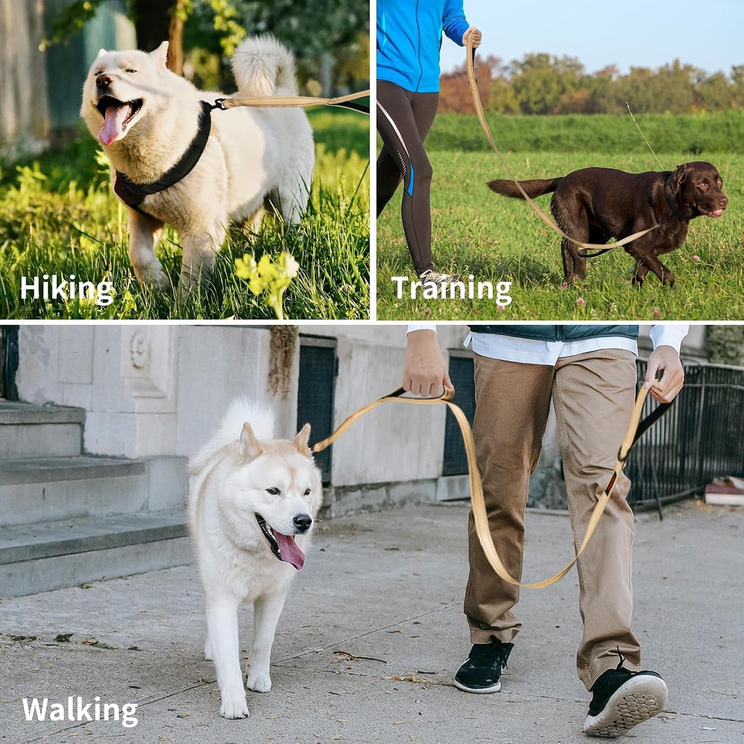 Dog Leash, Heavy Duty Dog Leash, Leashes for Large Breed Dogs, Double Handle Dog Leash, Reflective Training Lead, Perfect for Medium to Large Dogs(5Ft, Khaki)