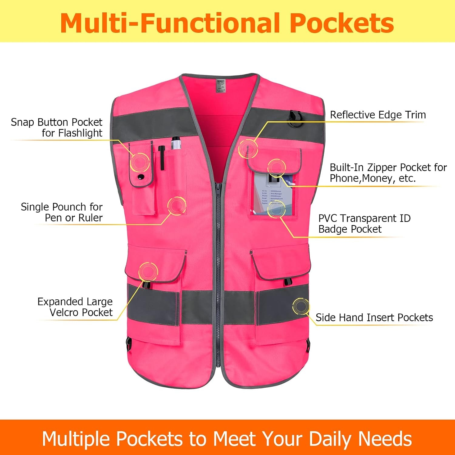 Pink Safety Vest for Men Women 9 Pockets High Visibility Reflective Vest for Safety, Work Vest with Reflective Strips, Meets ANSI/ISEA Standards, Large