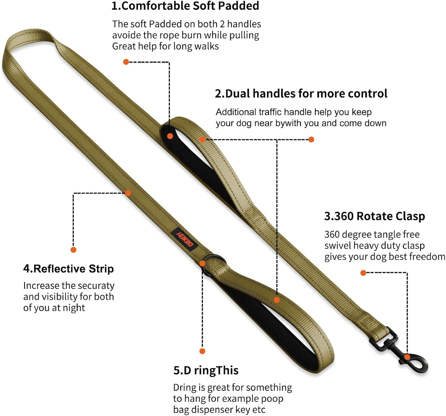 Heavy Duty Dog Leash, Leashes for Large Breed Dogs, Double Handle Dog Leash, Reflective Training Lead, Perfect for Medium to Large Dogs(5Ft,Deep Green)