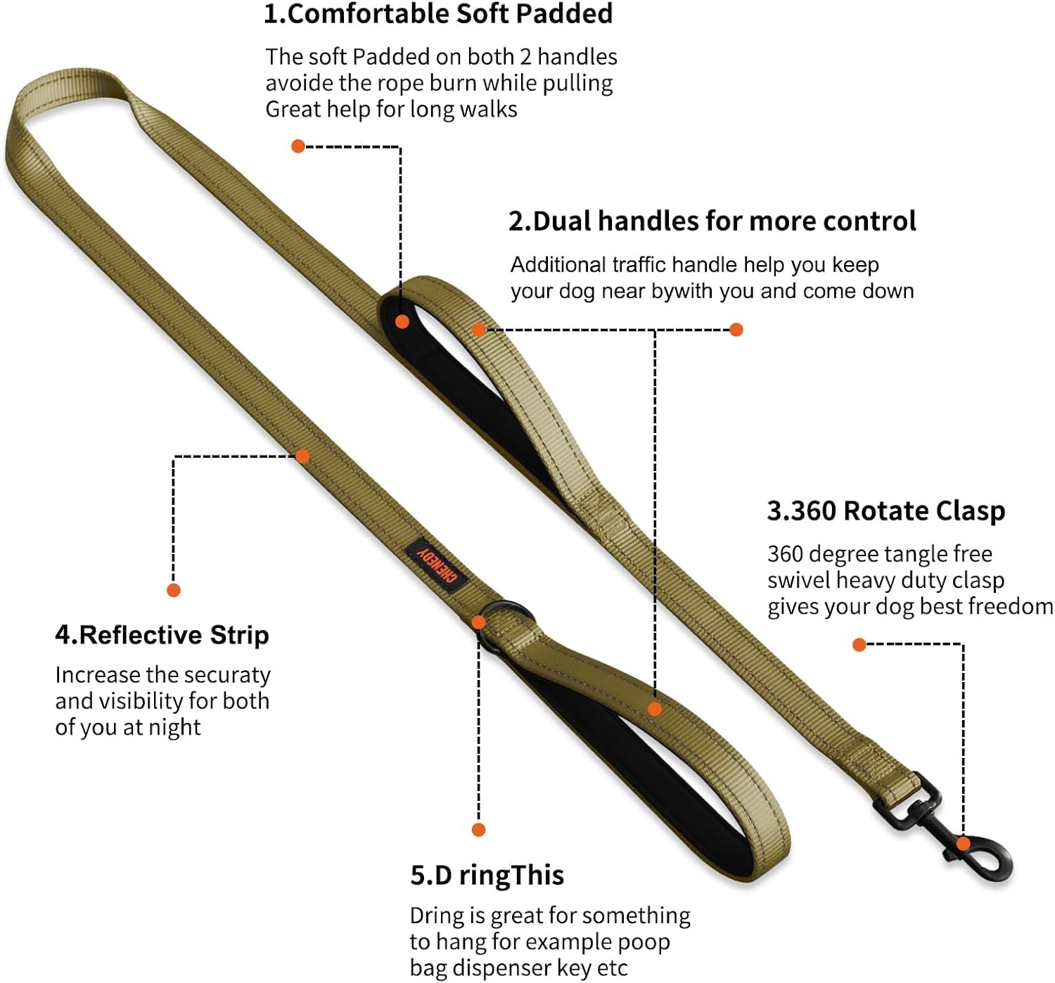 Heavy Duty Dog Leash, Leashes for Large Breed Dogs, Double Handle Dog Leash, Reflective Training Lead, Perfect for Medium to Large Dogs(5Ft,Deep Green)