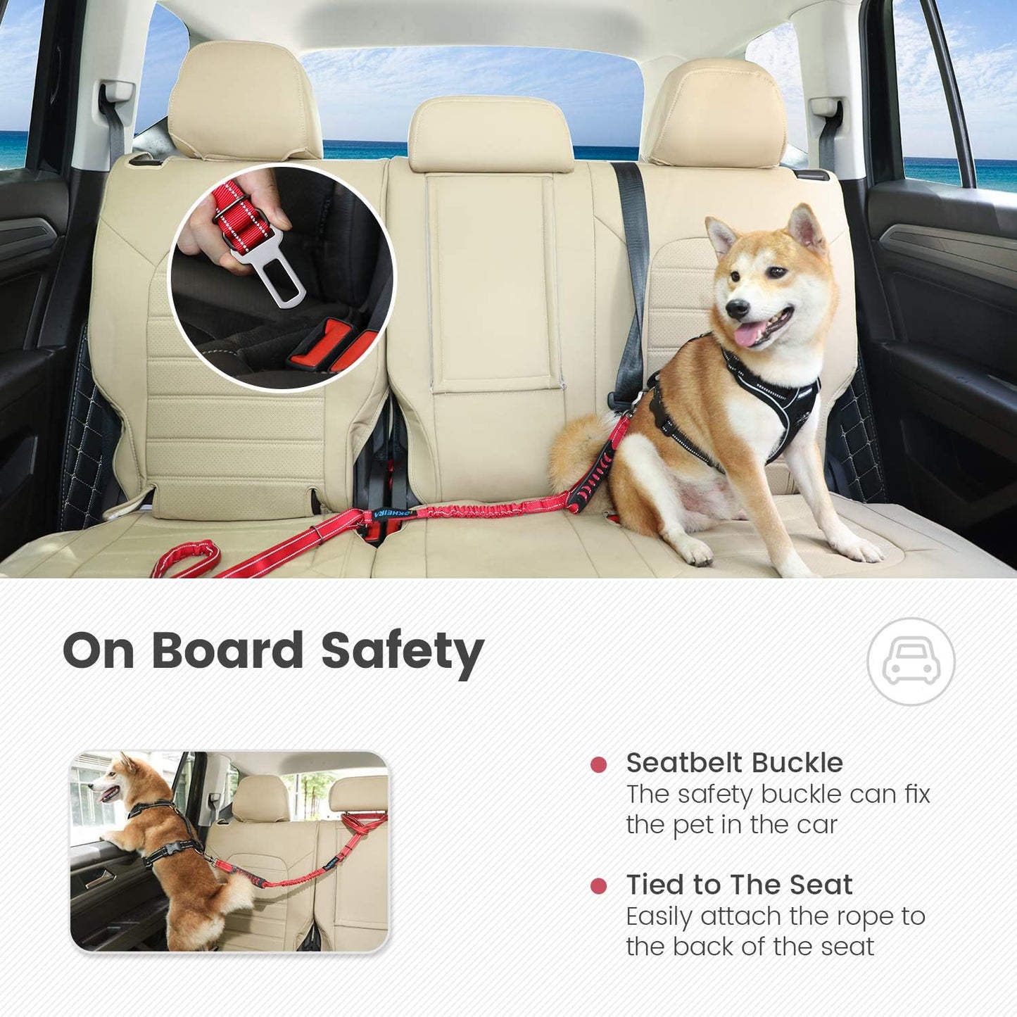 Multifunctional Dog Leash for Medium & Large Dogs - Red Adjustable with Car Seatbelt, 4-6 FT Strong Bungee