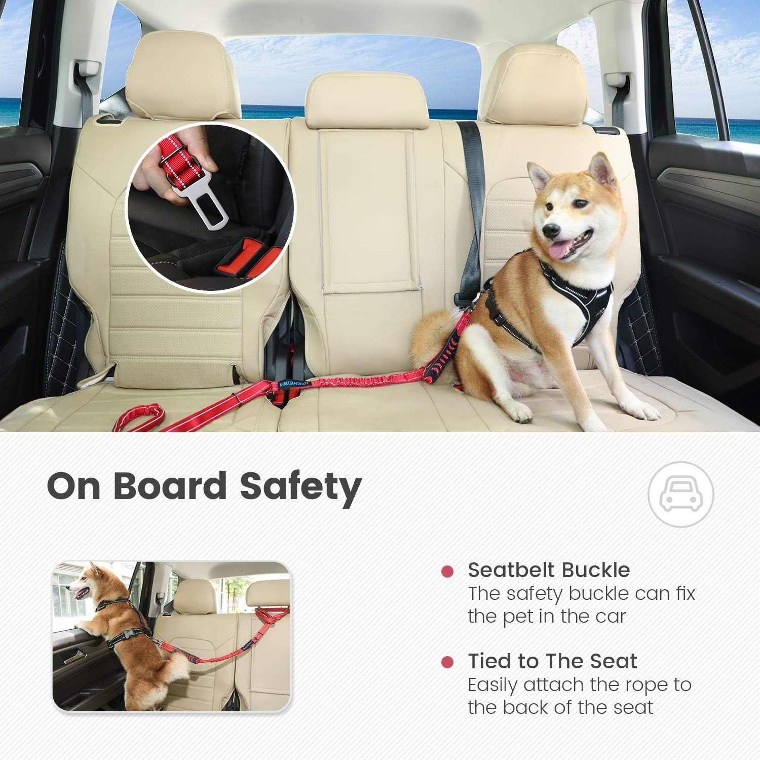 Multifunctional Dog Leash for Medium & Large Dogs - Red Adjustable with Car Seatbelt, 4-6 FT Strong Bungee