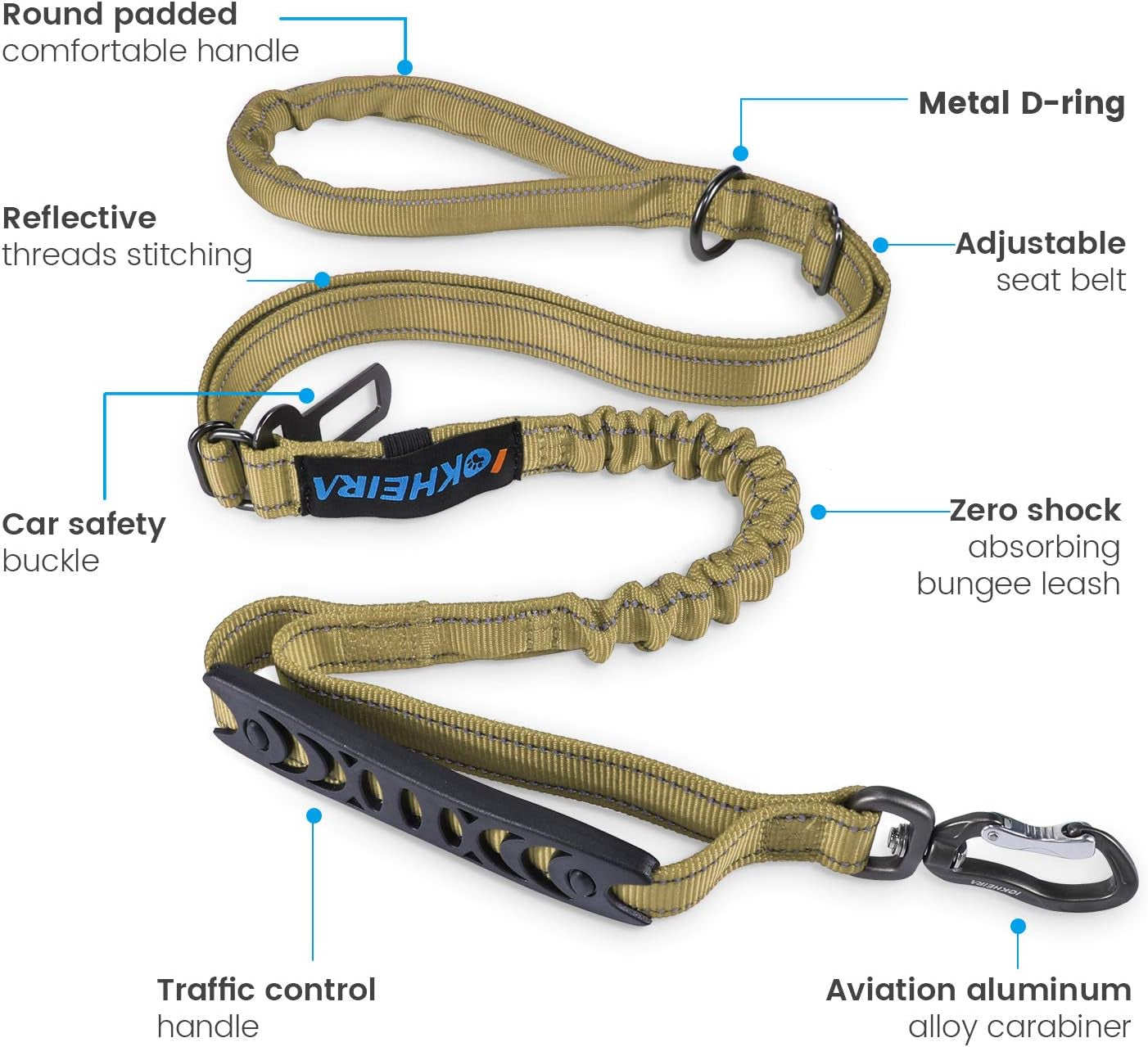 Multifunctional Dog Leash - 4-6 FT Strong Bungee, Car Seatbelt Compatible, Army Green