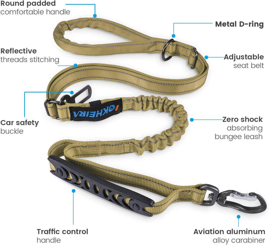 Multifunctional Dog Leash - 4-6 FT Strong Bungee, Car Seatbelt Compatible, Army Green