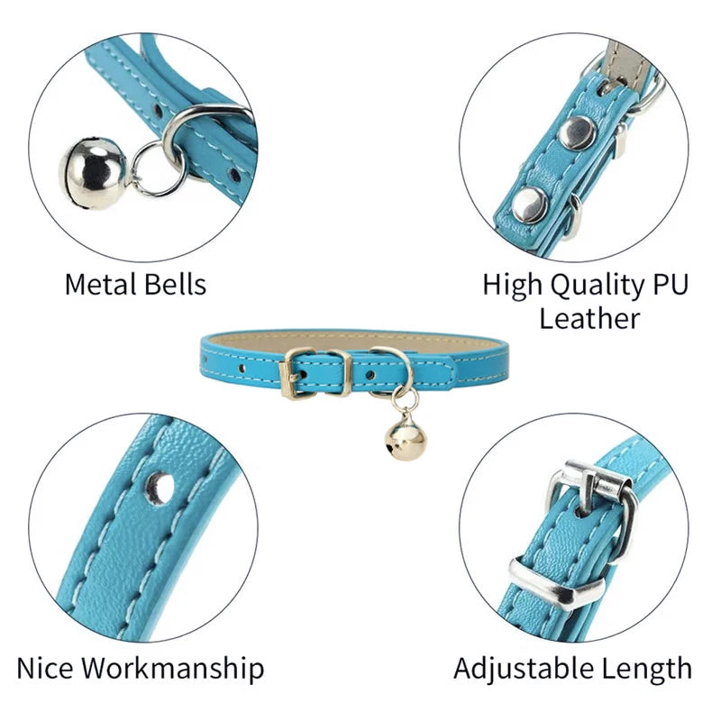 Adjustable PU Leather Cat Collar - Durable, Stylish Pet Collar with Metal Buckle, Soft Padded Design for Small Dogs and Cats -