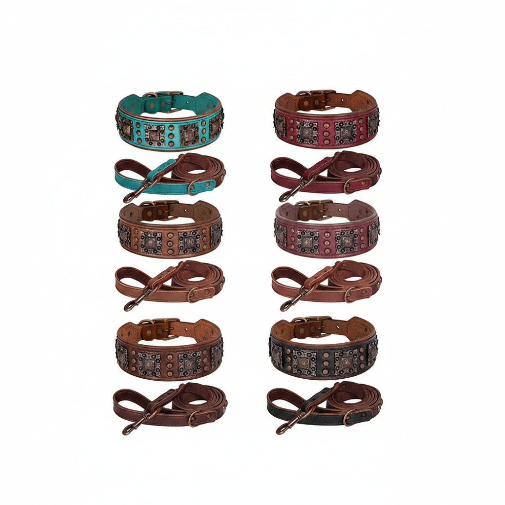 Luxury Genuine Leather Wide Dog Collar and Leash Set Heavy Duty Adjustable Collar for Strong Dogs
