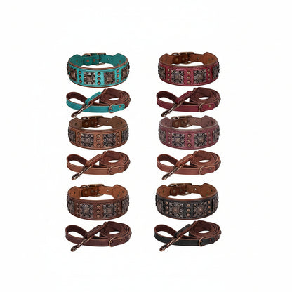 Luxury Genuine Leather Wide Dog Collar and Leash Set Heavy Duty Adjustable Collar for Strong Dogs