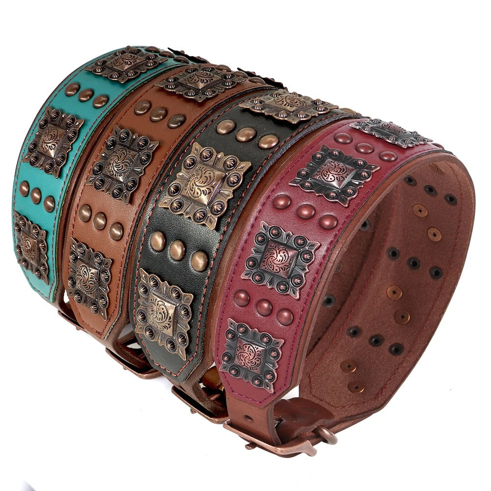 Luxury Genuine Leather Wide Dog Collar and Leash Set Heavy Duty Adjustable Collar for Strong Dogs