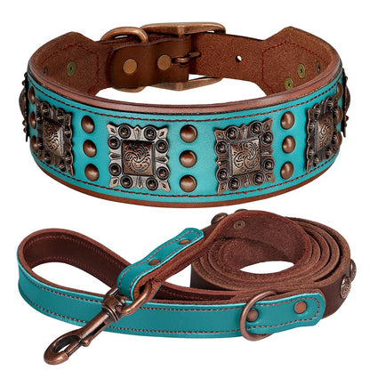 Luxury Genuine Leather Wide Dog Collar and Leash Set Heavy Duty Adjustable Collar for Strong Dogs