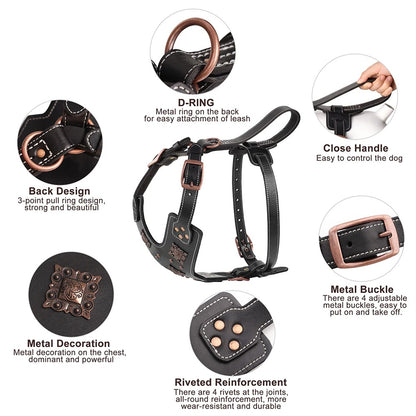Premium Genuine Leather Dog Harness for Large Dogs Durable Heavy Duty Control Vest for German Shepherd, Pitbull & Big Breeds