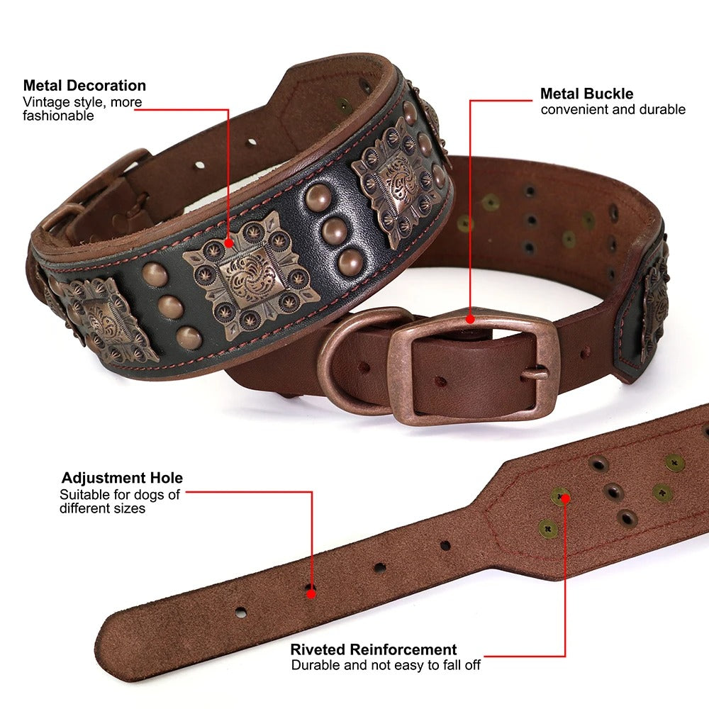 Luxury Genuine Leather Wide Dog Collar and Leash Set Heavy Duty Adjustable Collar for Strong Dogs