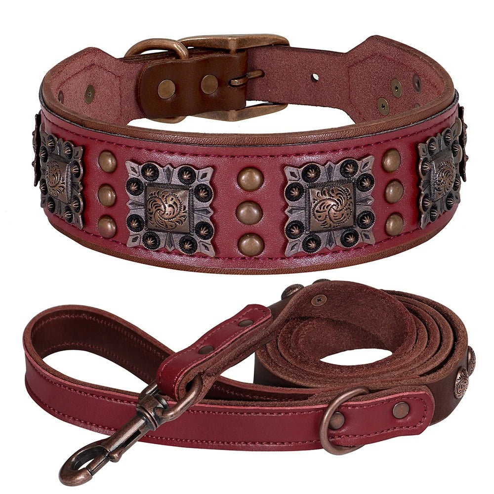 Luxury Genuine Leather Wide Dog Collar and Leash Set Heavy Duty Adjustable Collar for Strong Dogs