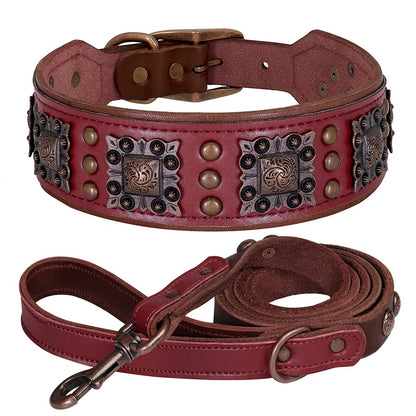 Luxury Genuine Leather Wide Dog Collar and Leash Set Heavy Duty Adjustable Collar for Strong Dogs