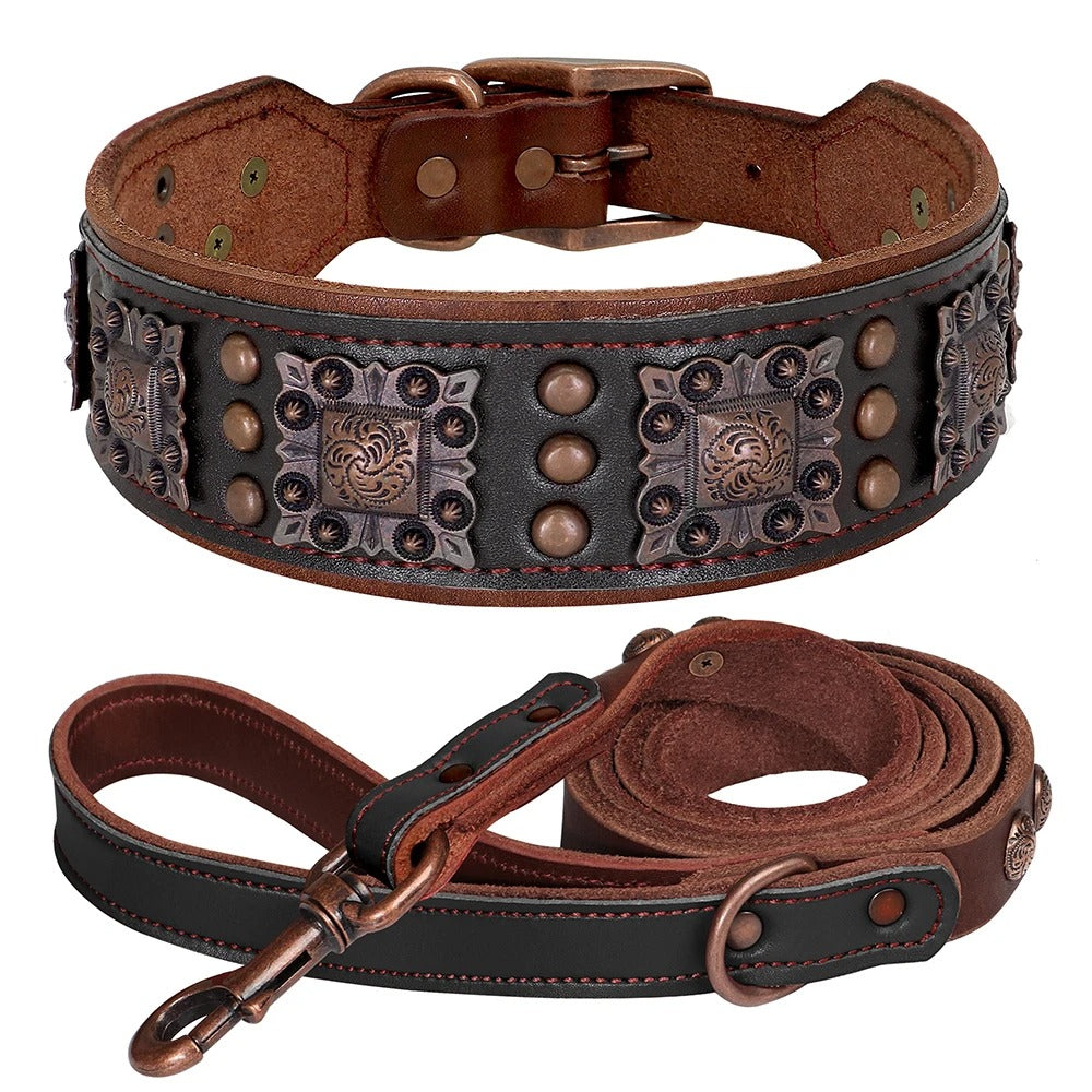 Luxury Genuine Leather Wide Dog Collar and Leash Set Heavy Duty Adjustable Collar for Strong Dogs