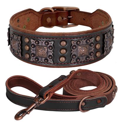 Luxury Genuine Leather Wide Dog Collar and Leash Set Heavy Duty Adjustable Collar for Strong Dogs