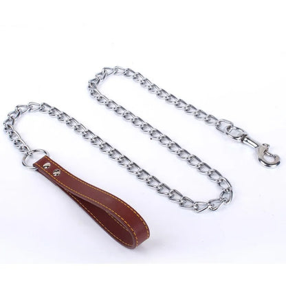 Heavy Duty Metal Chain Dog Leash with Leather Handle