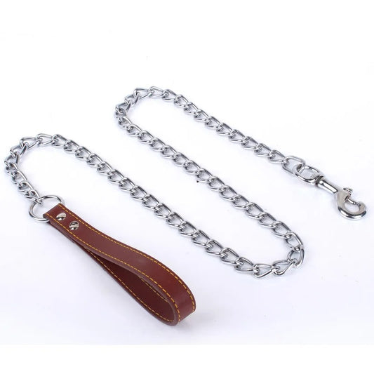 Heavy Duty Metal Chain Dog Leash with Leather Handle